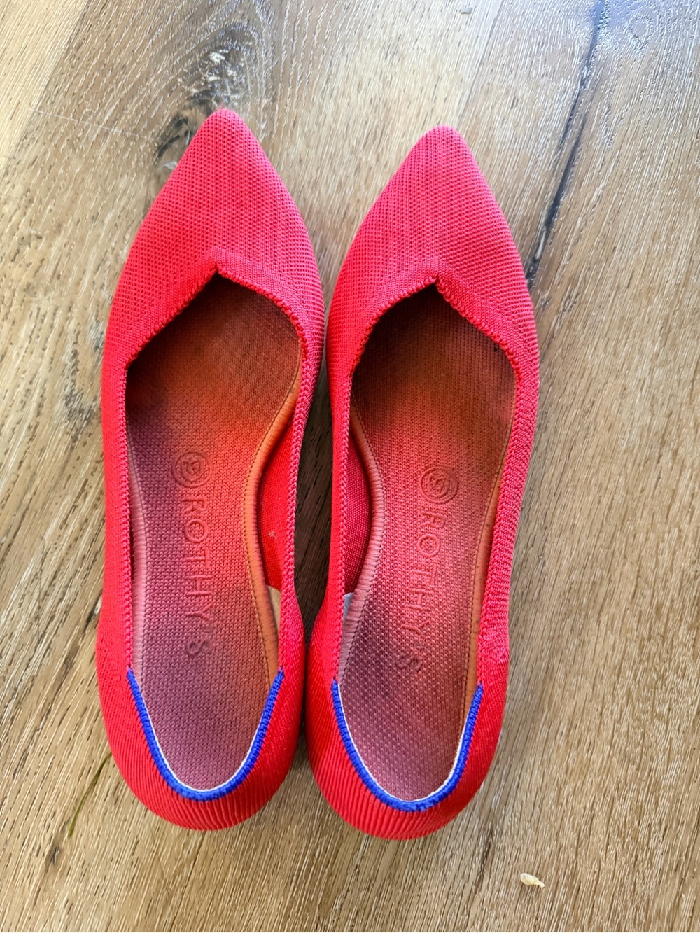 Rothy's Flame Pointed Knit Flats with Blue Trim